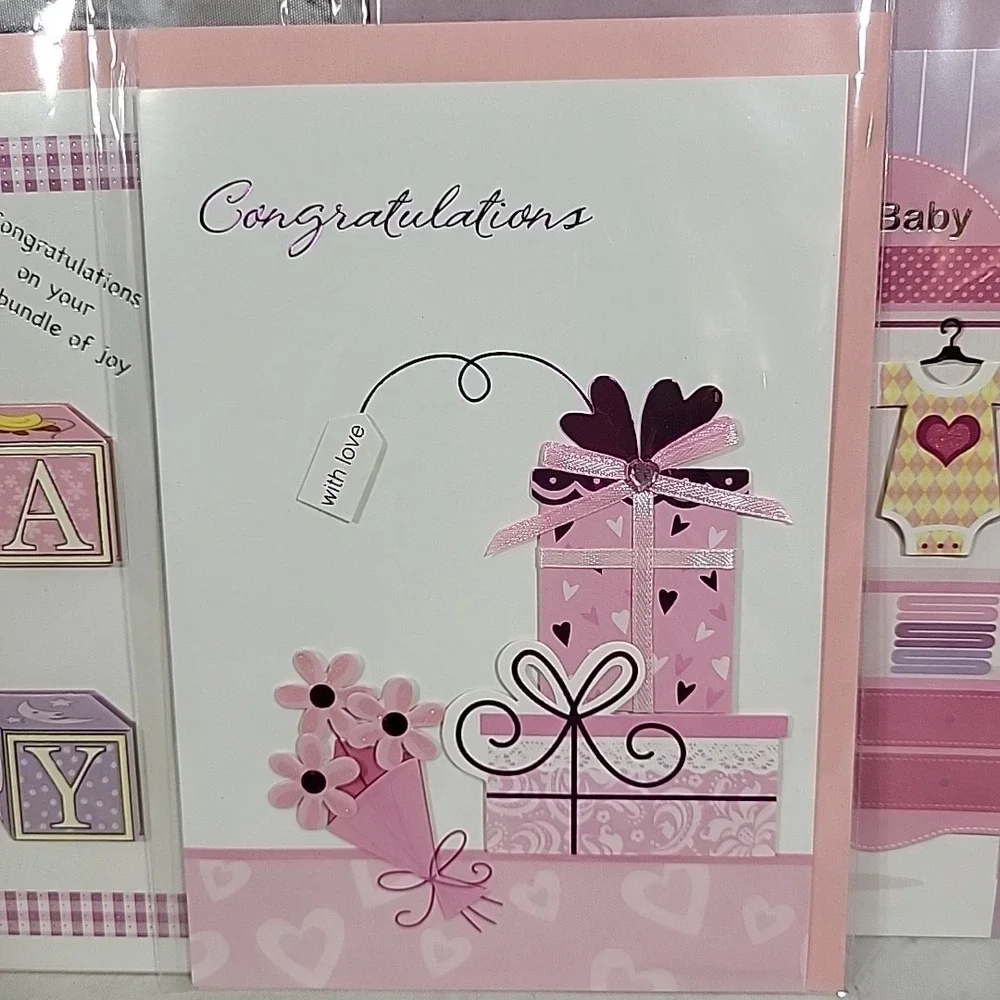 New Greeting Cards Lot Of 5 Baby Arrival Shower Congratulations 3D‎ Pink Green